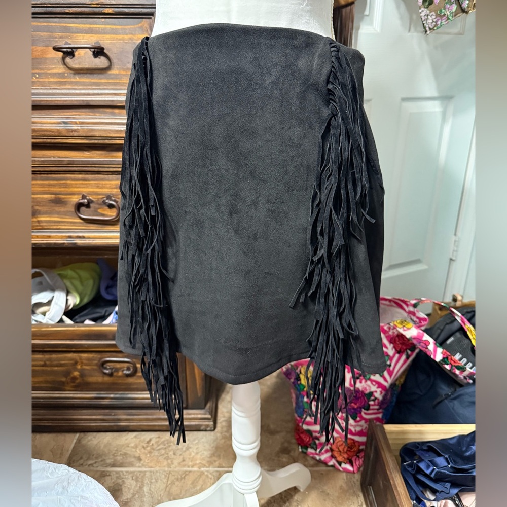 Fringed Black Suede Skirt
